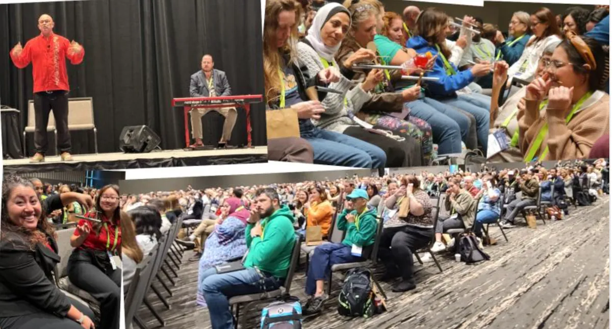 Hundreds of educators making sound together during a workshop led by Victor Minces